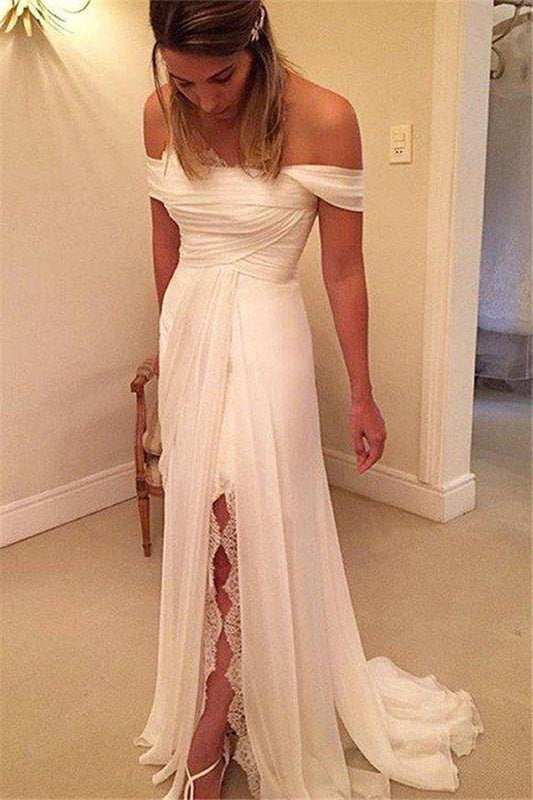 Sweep Train Chiffon A Line Ruffless Off the Shoulder Sleeveless Wedding Dresses