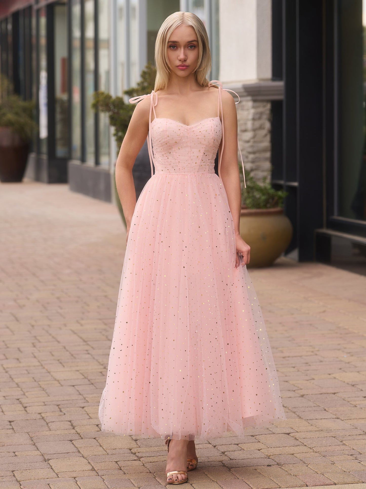 Sweetheart Neckline Starlit Cloar Maxi Length Tulle Prom Dress