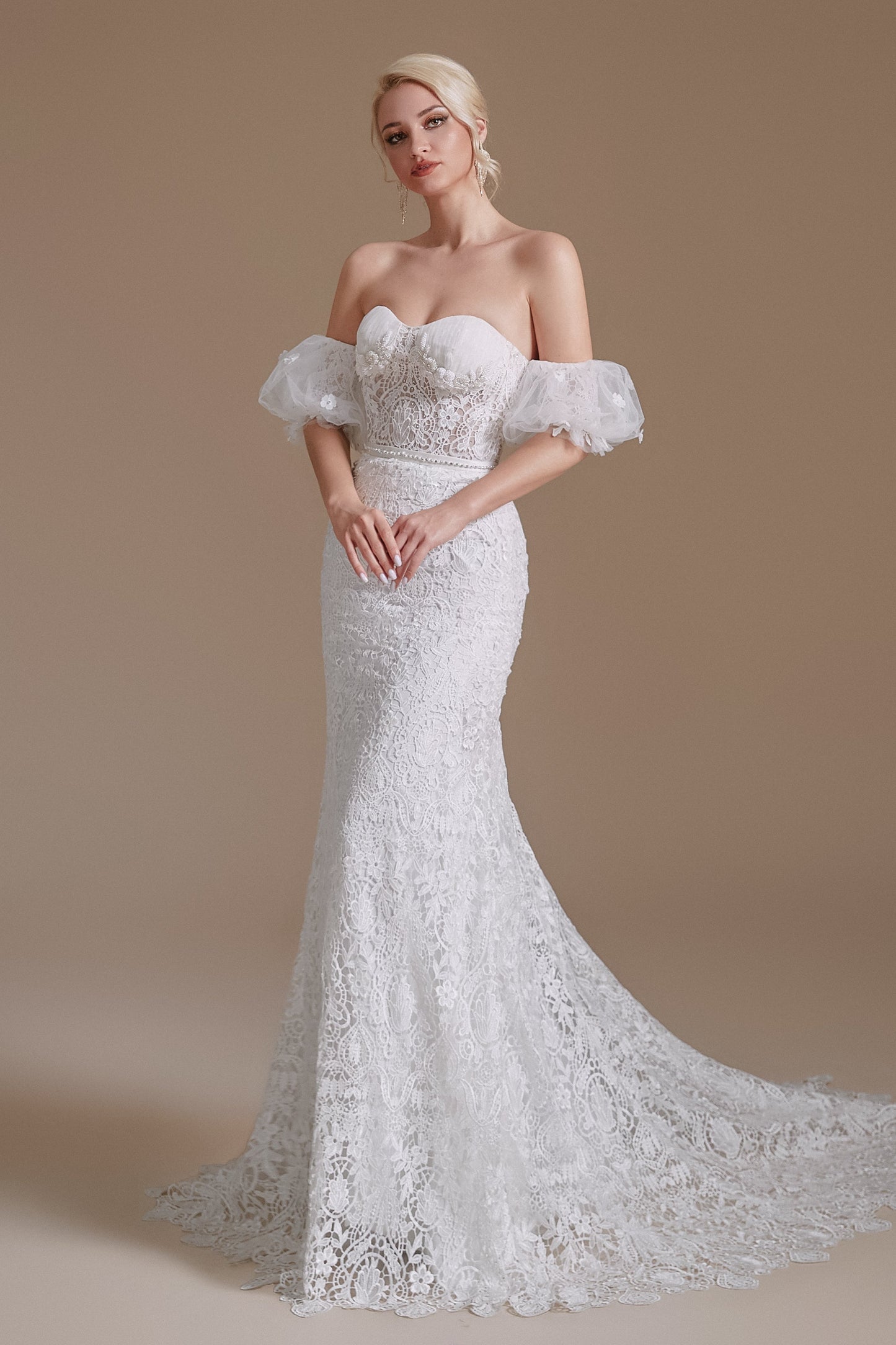 Sweetheart Detachable Bubble Sleeves Lace Mermaid Wedding Dress | Ballbella Design