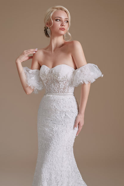 Sweetheart Detachable Bubble Sleeves Lace Mermaid Wedding Dress | Ballbella Design