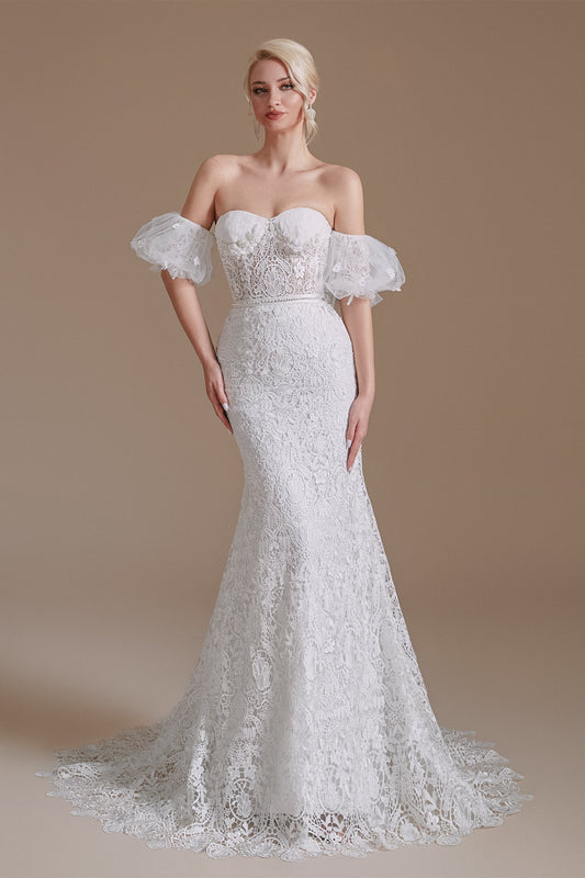 Sweetheart Detachable Bubble Sleeves Lace Mermaid Wedding Dress | Ballbella Design