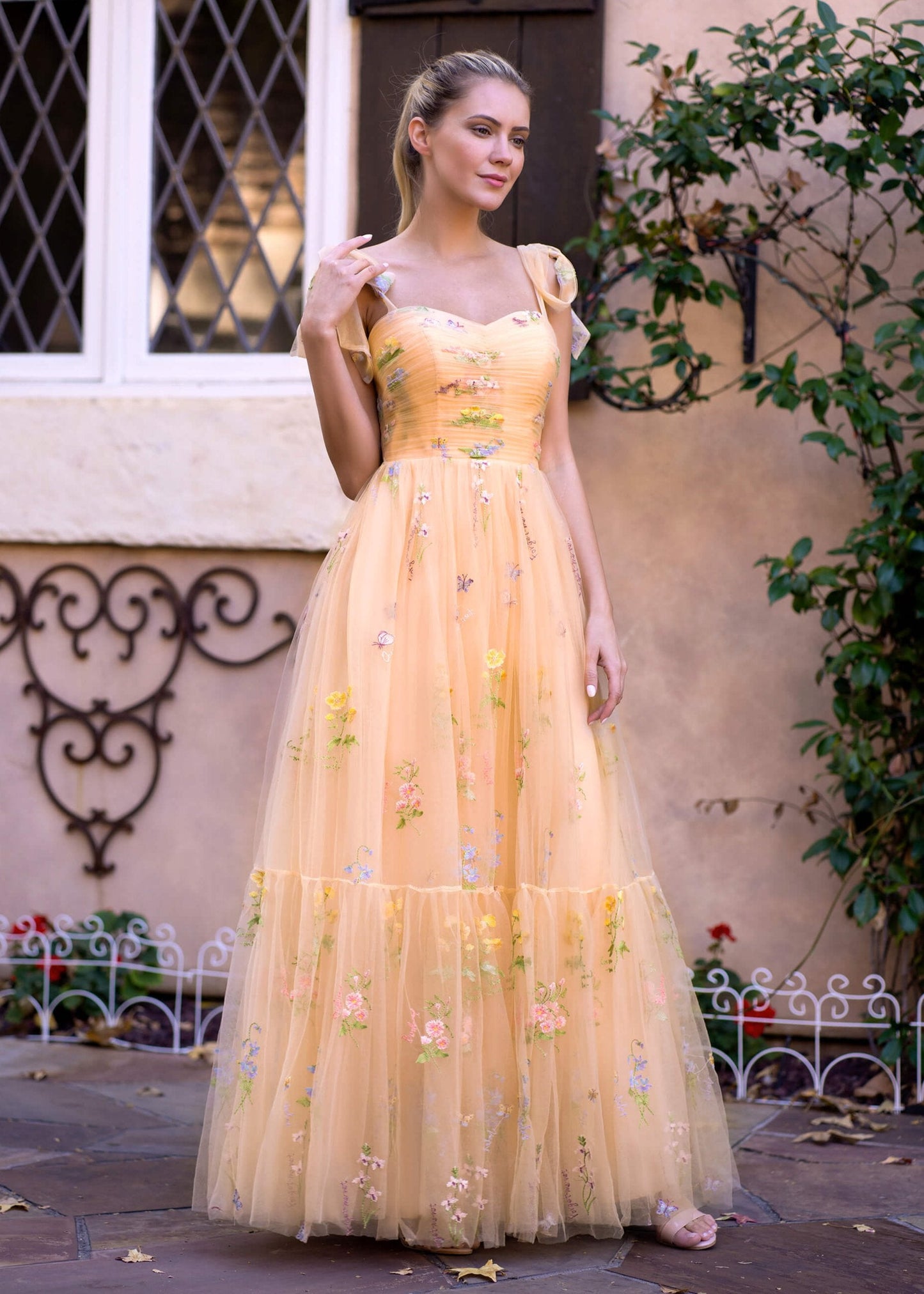 Sweetheart Neck Floor Length Tulle Embroidery Floral Prom Dress