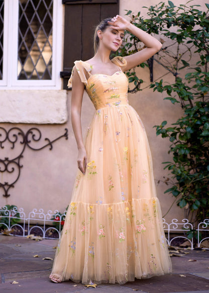 Sweetheart Neck Floor Length Tulle Embroidery Floral Prom Dress