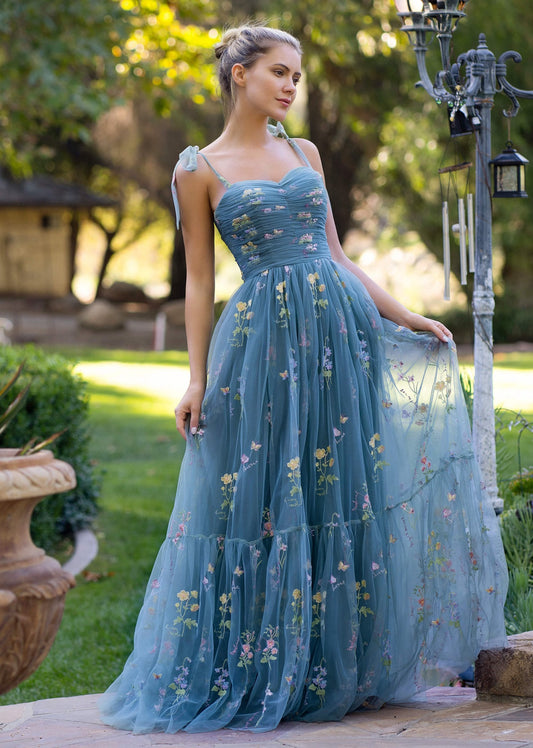 Sweetheart Neck Floor Length Tulle Embroidery Floral Prom Dress