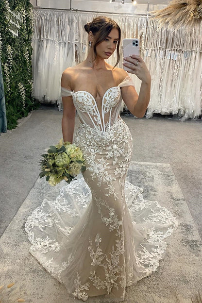 Sweetheart Long Mermaid Off-the-shoulder Glitter Appliques Wedding Dress