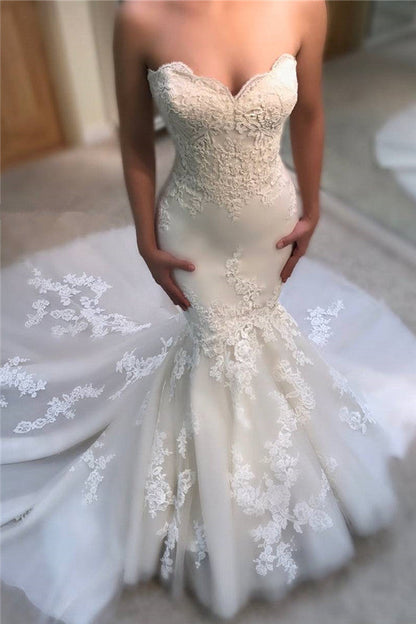 Sweetheart Mermaid Wedding Dress Online Modern Strapless Lace Bridal Gowns