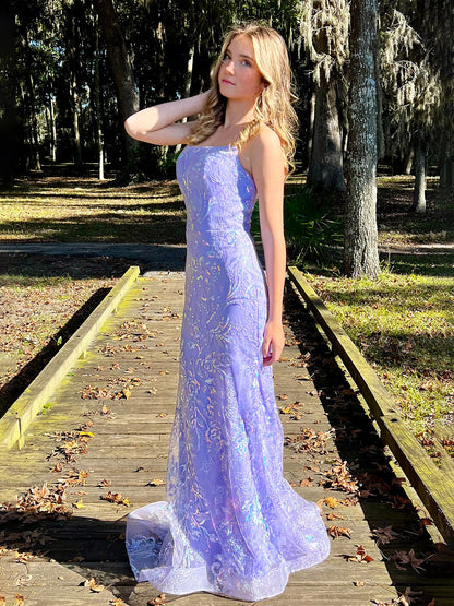 Sylvia | Mermaid Spagehtti Straps Lilac Lace Sequin Long Prom Dresses