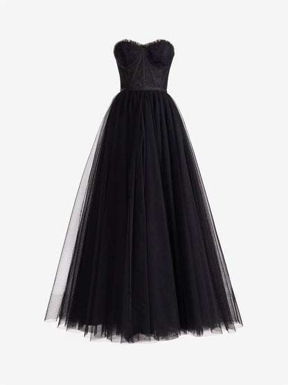 Talia | Black A Line Sweetheart Corset Tulle Prom Dress with Slit