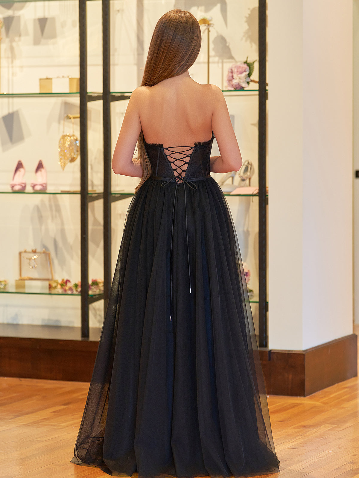 Talia | Black A Line Sweetheart Corset Tulle Prom Dress with Slit