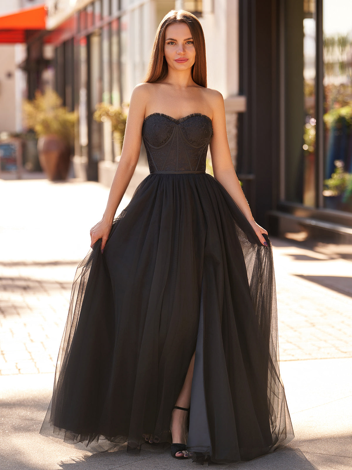 Talia | Black A Line Sweetheart Corset Tulle Prom Dress with Slit