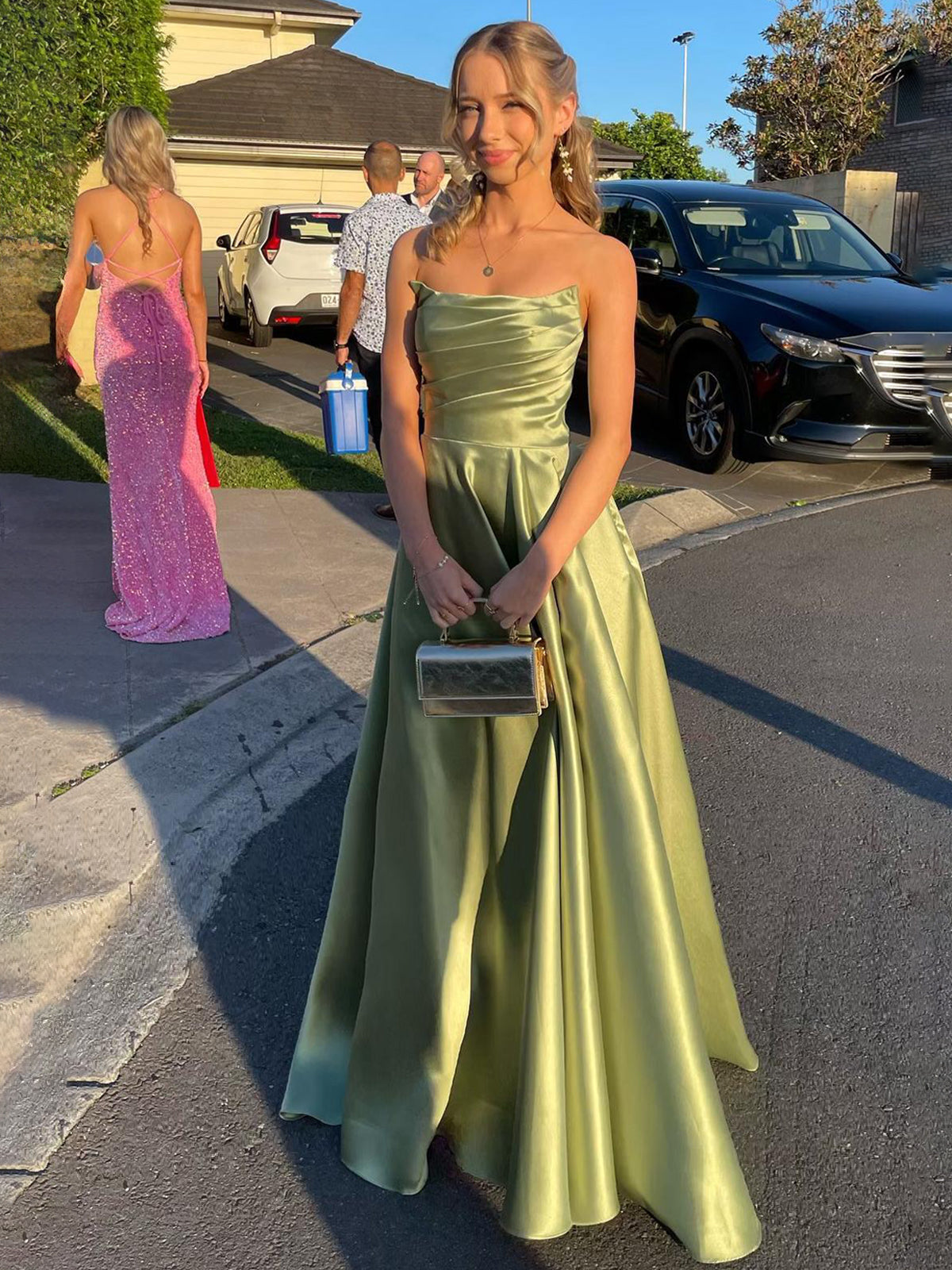 Tanzie | Strapless Sage Green Satin A-line Long Prom Dress With Slit