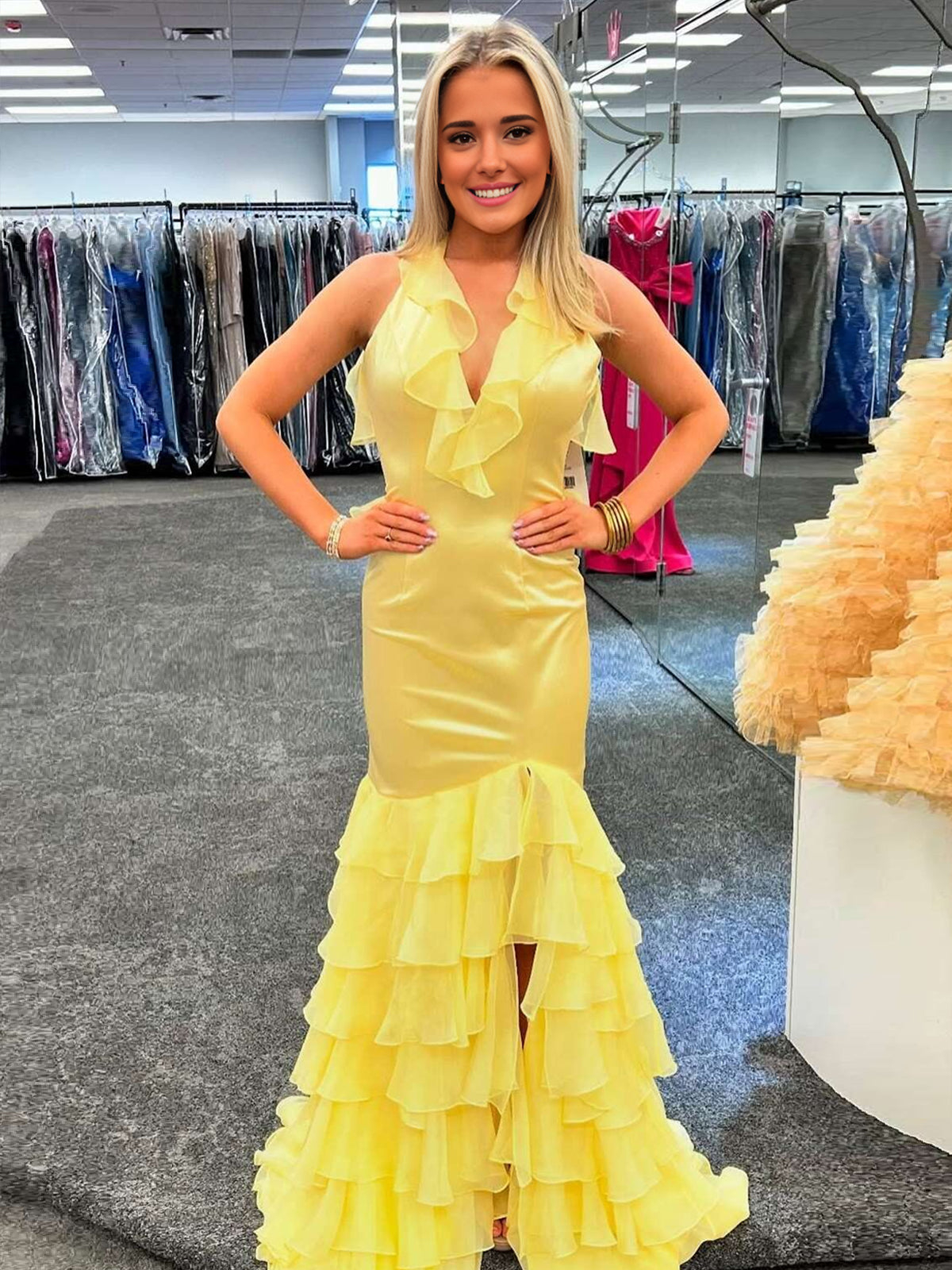 Tatum | Yellow V Neck Satin Mermaid Ruffles Long Prom Dress