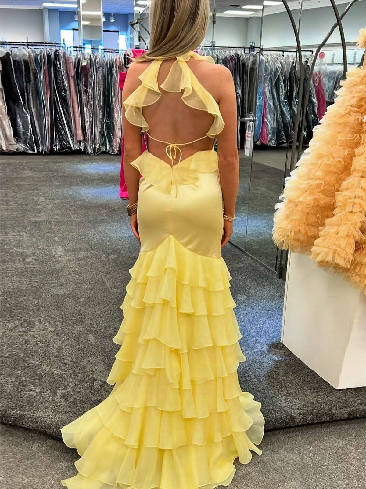 Tatum | Yellow V Neck Satin Mermaid Ruffles Long Prom Dress