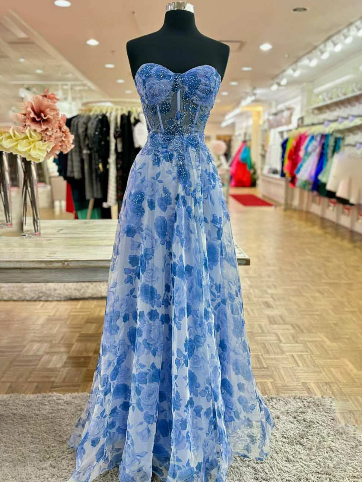 Tauri | Strapless Printing Sweetheart Beads A-Line Prom Dress