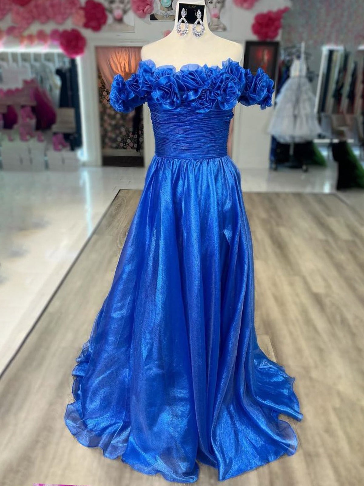 Teodora | Royal Blue Off the Shoulder A-Line Prom Dress with  3D Floral