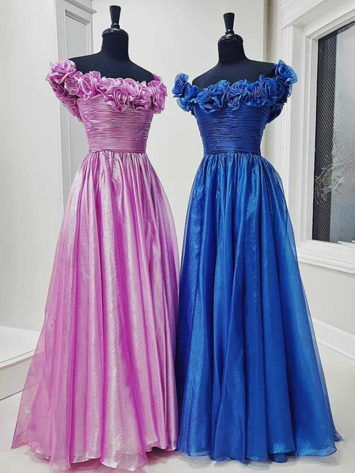 Teodora | Royal Blue Off the Shoulder A-Line Prom Dress with  3D Floral