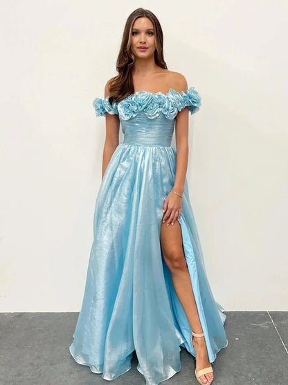 Teodora | Royal Blue Off the Shoulder A-Line Prom Dress with  3D Floral