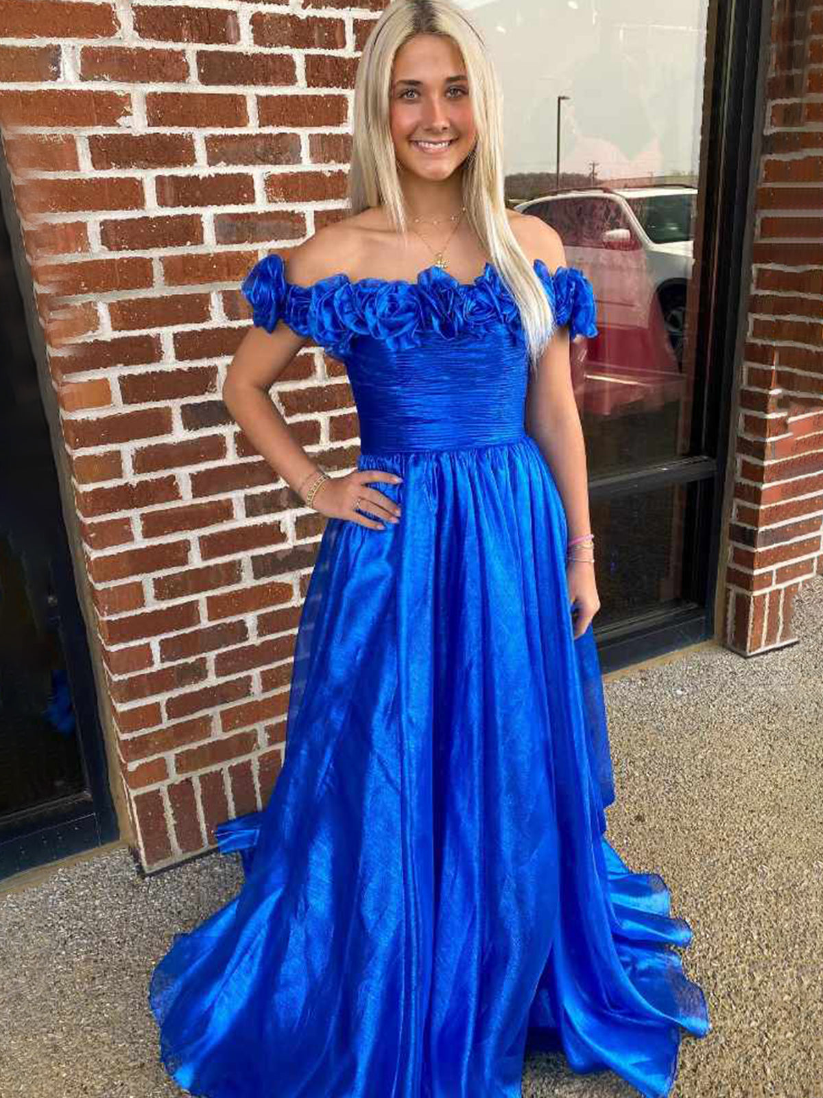 Teodora | Royal Blue Off the Shoulder A-Line Prom Dress with  3D Floral