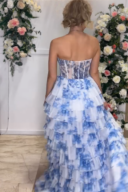 Tien | Blue Floral Printed Sweetheart Chiffon Tiered A-Line Long Corset Prom Dress