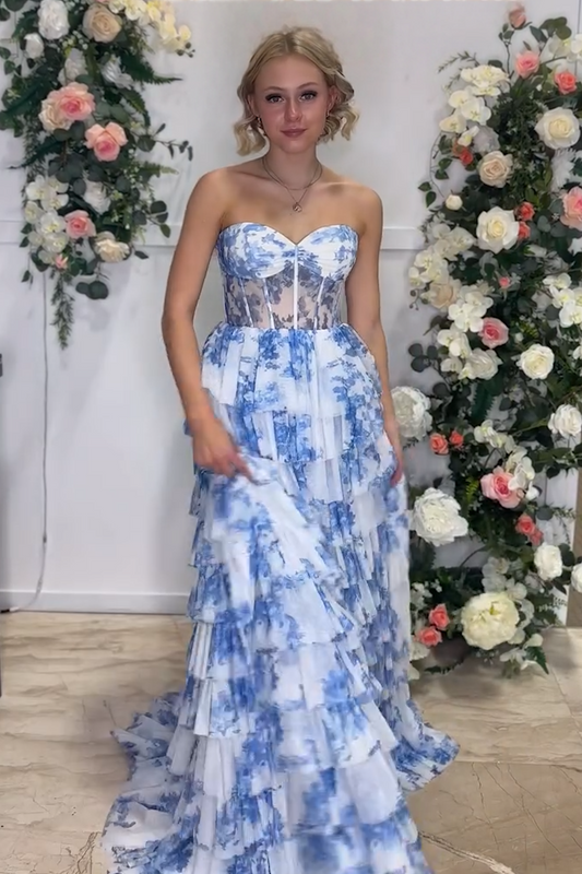 Tien | Blue Floral Printed Sweetheart Chiffon Tiered A-Line Long Corset Prom Dress