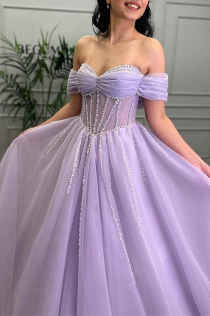 Tiffany | Lavender Beaded A-Line Tulle Prom Dress with Off Shoulder