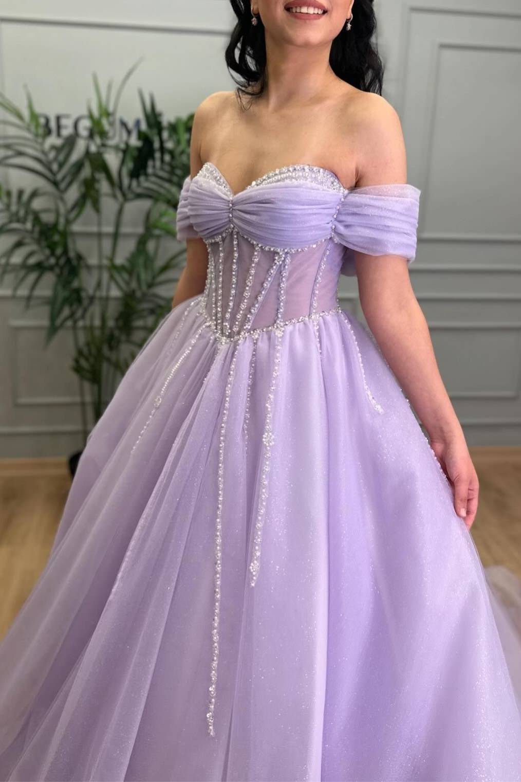 Tiffany | Lavender Beaded A-Line Tulle Prom Dress with Off Shoulder