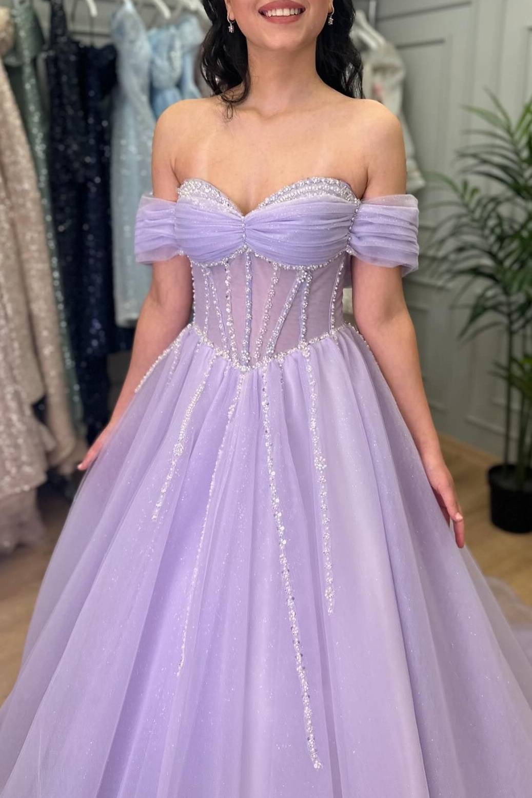 Tiffany | Lavender Beaded A-Line Tulle Prom Dress with Off Shoulder