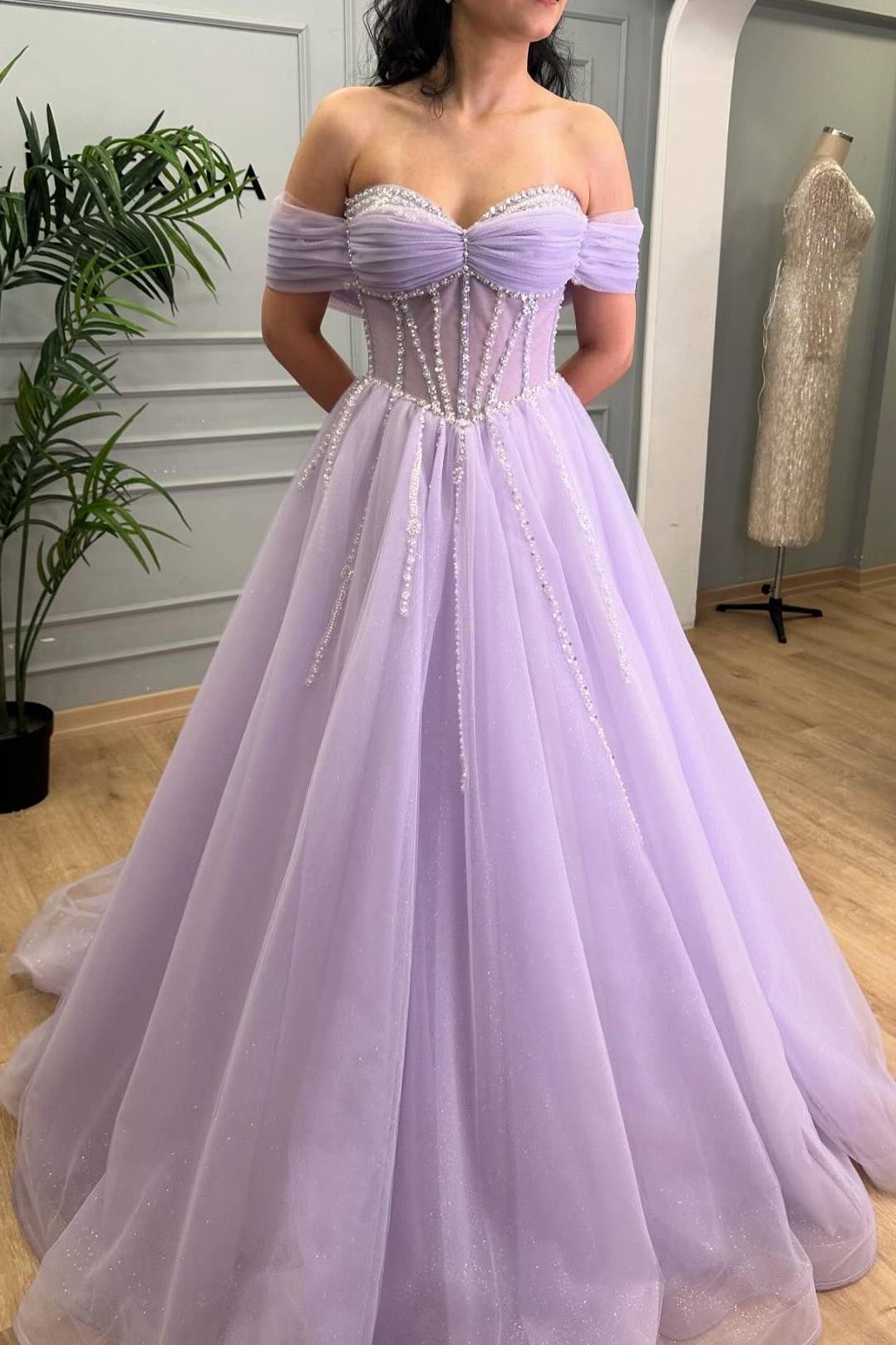 Tiffany | Lavender Beaded A-Line Tulle Prom Dress with Off Shoulder