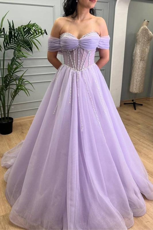 Tiffany | Lavender Beaded A-Line Tulle Prom Dress with Off Shoulder