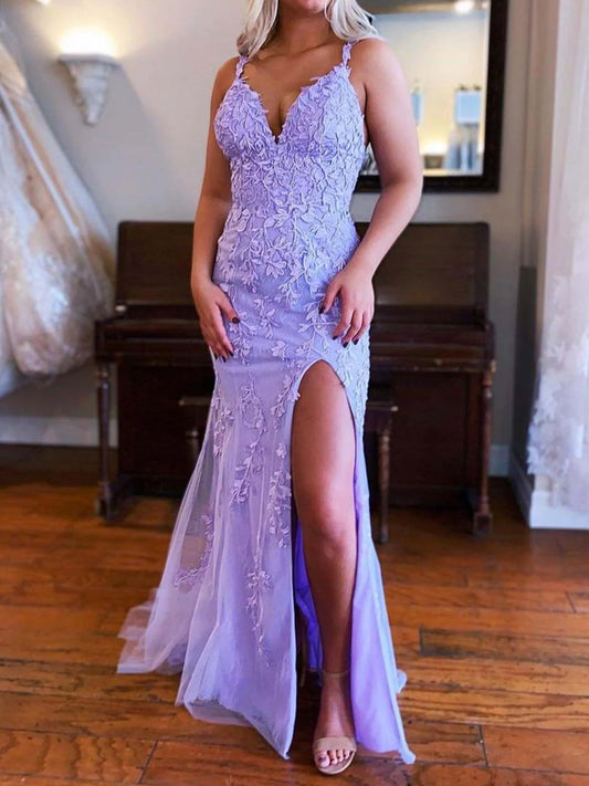 Torin | Mermaid V Neck Lavender Lace Long Prom Dresses with Appliques