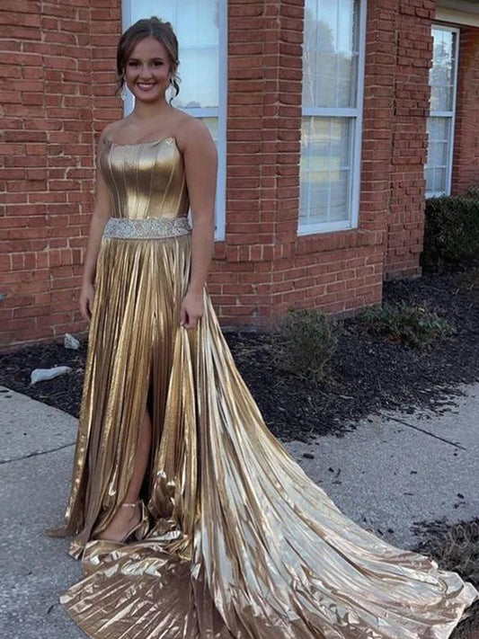 Touild | Metallic Gold Strapless Beaded Prom Dress with Slit