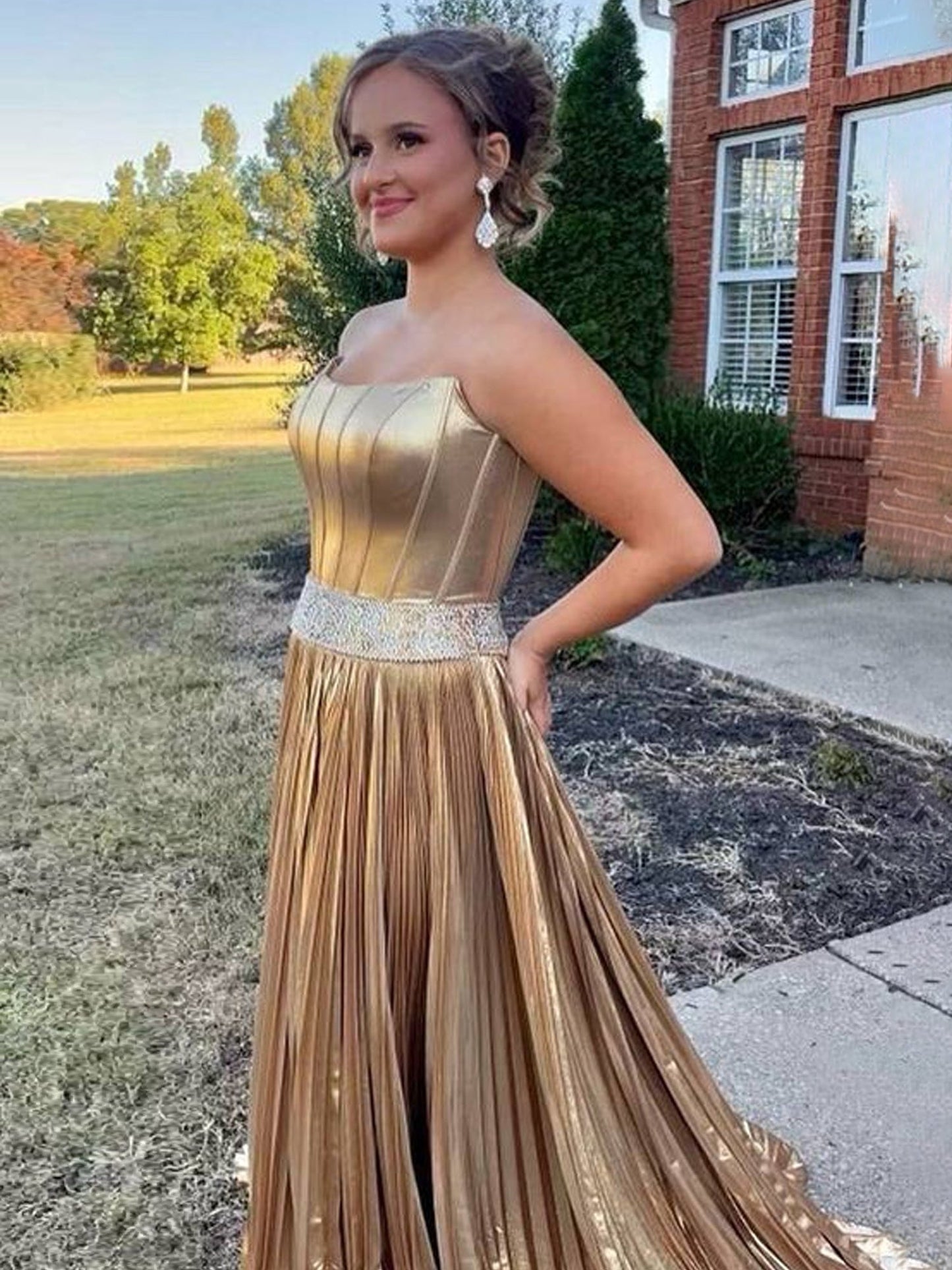 Touild | Metallic Gold Strapless Beaded Prom Dress with Slit