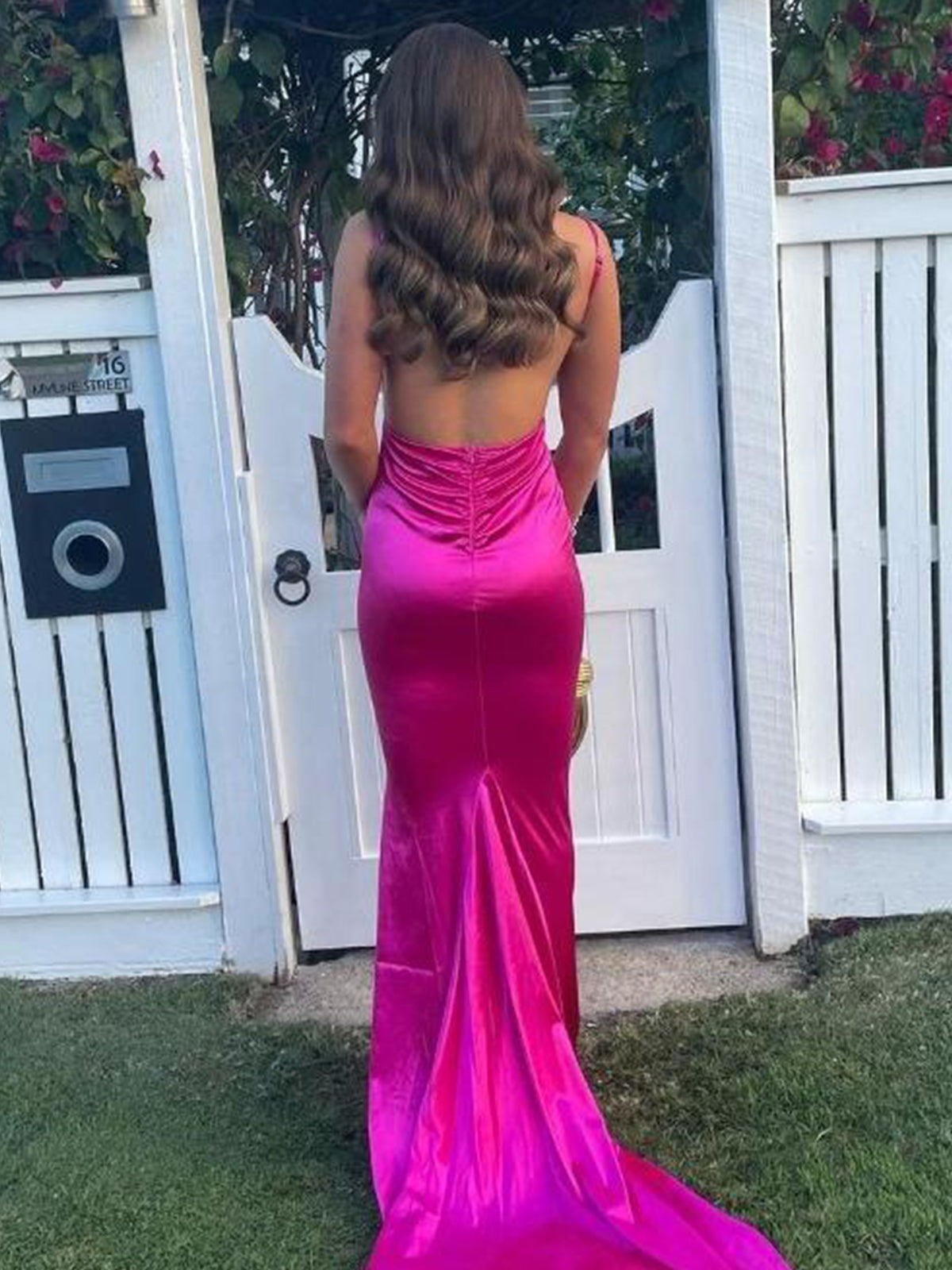 Toyah | Mermaid V Neck Fuchsia Plunge Satin Long Prom Dress