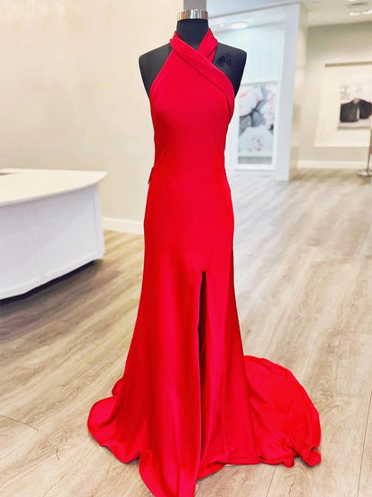 Tristan | Red Halter Satin Mermaid Long Prom Dress With Slit