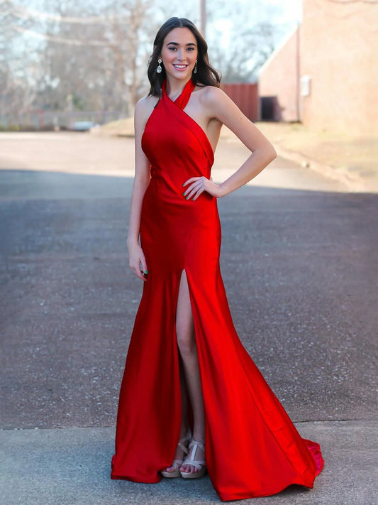 Tristan | Red Halter Satin Mermaid Long Prom Dress With Slit