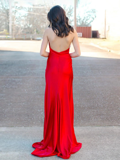 Tristan | Red Halter Satin Mermaid Long Prom Dress With Slit