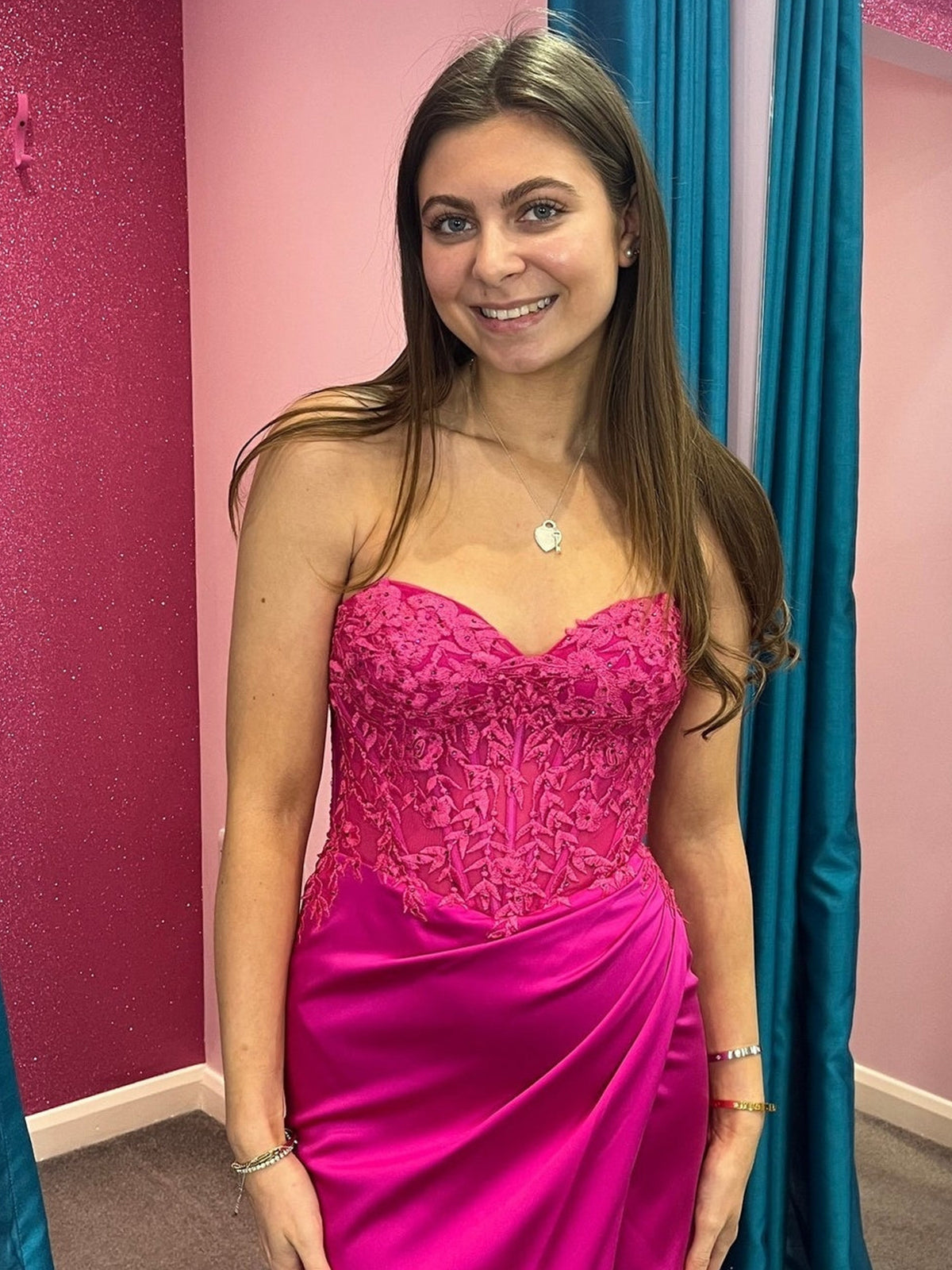 Trudy | Fuchsia Lace and Satin Ruched Mermaid Prom Dress