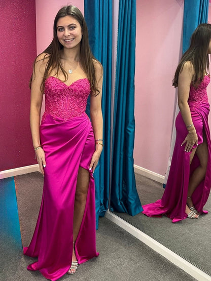 Trudy | Fuchsia Lace and Satin Ruched Mermaid Prom Dress