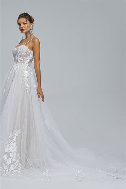 Tulle A-line Sheer Straps Sweetheart Applique Floor-length Sleeveless Wedding Dress Cover