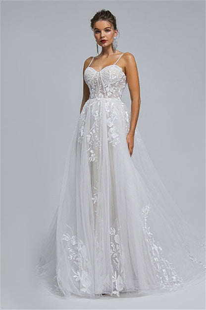 Tulle A-line Sheer Straps Sweetheart Applique Floor-length Sleeveless Wedding Dress Cover