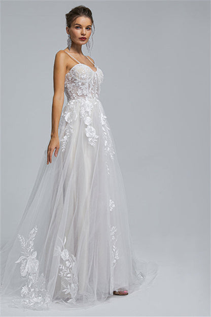 Tulle A-line Sheer Straps Sweetheart Applique Floor-length Sleeveless Wedding Dress Cover