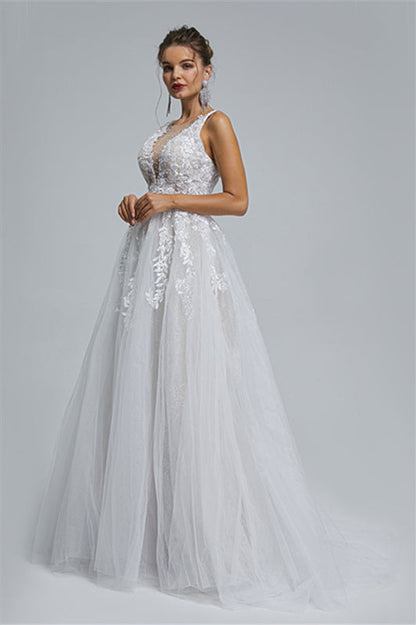 Tulle A-line Sheer Straps V-neck Applique Floor-length Sleeveless Wedding Dress Cover