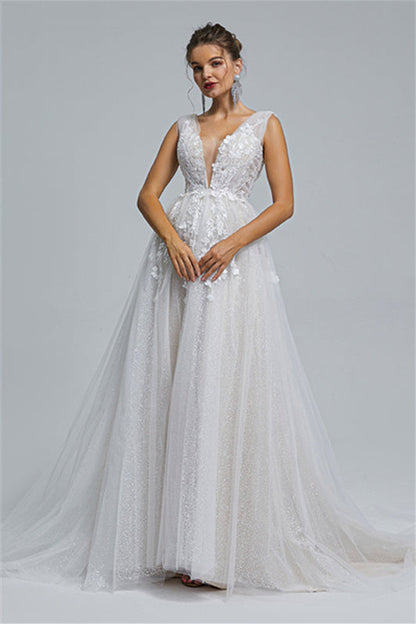 Tulle A-line Sheer Straps V-neck Applique Floor-length Sleeveless Wedding Dress Cover