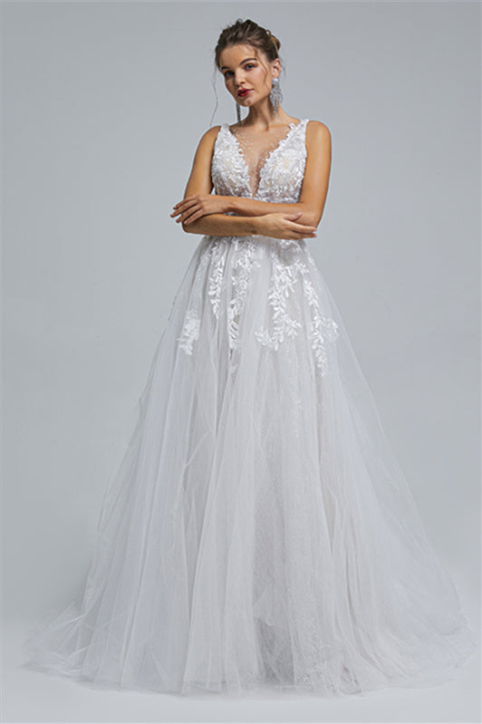 Tulle A-line Sheer Straps V-neck Applique Floor-length Sleeveless Wedding Dress Cover