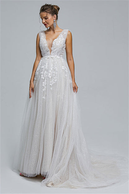 Tulle A-line Sheer Straps V-neck Applique Floor-length Sleeveless Wedding Dress Cover