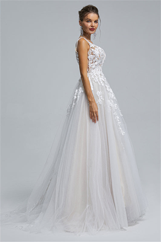 Tulle A-line Sheer Straps V-neck Applique Floor-length Sleeveless Wedding Dress Cover