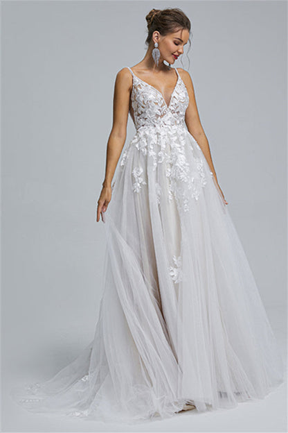 Tulle A-line Sheer Straps V-neck Applique Floor-length Sleeveless Wedding Dress Cover