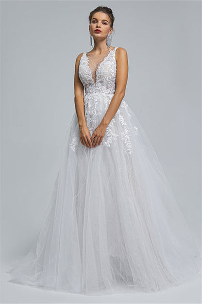 Tulle A-line Sheer Straps V-neck Applique Floor-length Sleeveless Wedding Dress Cover