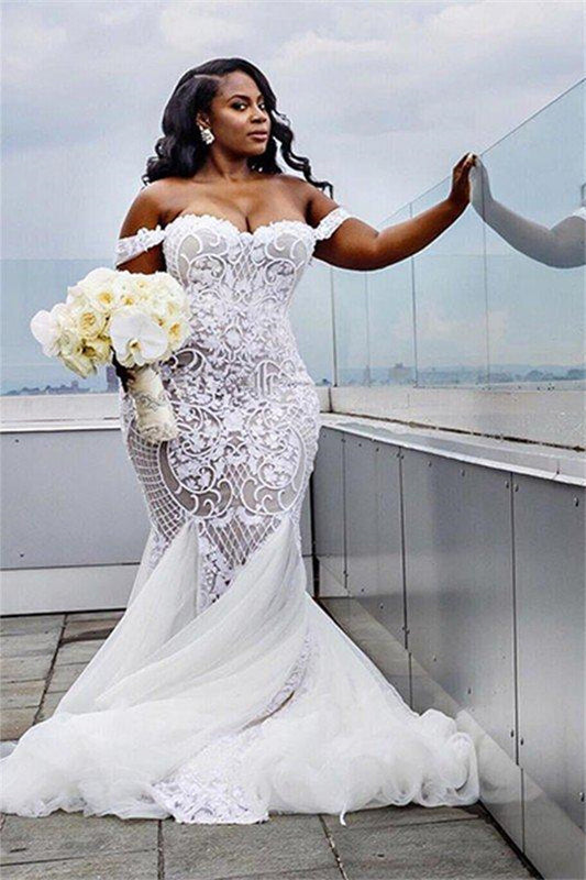 Tulle Court Train Mermaid Sleeveless Off the Shoulder Ruffless Wedding Dresses