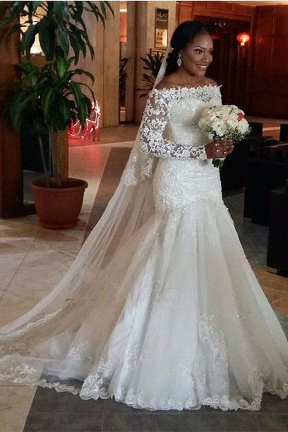 Tulle Floor Length Mermaid Off the Shoulder Long Sleevess Lace Wedding Dresses